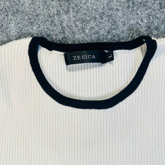 ZESICA WMNS White Ribbed Knit Sweater Large Black Trim Preppy Stretchy Pullover - Picture 8 of 9